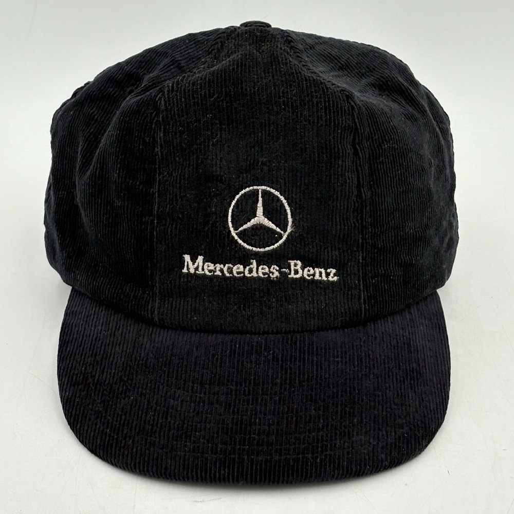 VTG Mercedes-Benz‎ Corduroy Hat Made USA Black Logo Cap Leather Strapback RARE